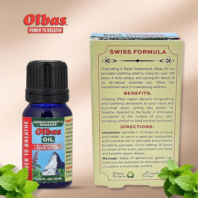 Olbas Massage and Aromatherapy Inhalant Oil Pack of 2 (0.32 Fl Oz), Body Massage Oil, Swiss Herbal Remedies with Pure Essential Massage Oils for Muscle Relaxing and Soothing Comfort for Pain Relief