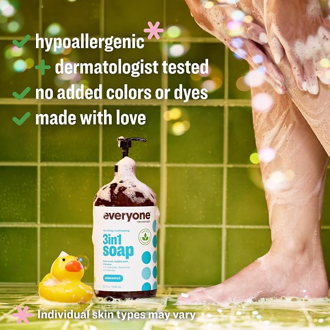 Everyone 3-in-1 Soap,Body Wash,Bubble Bath,Shampoo,32 Ounce,Unscented,made for Men and Women,(Pack of 4)