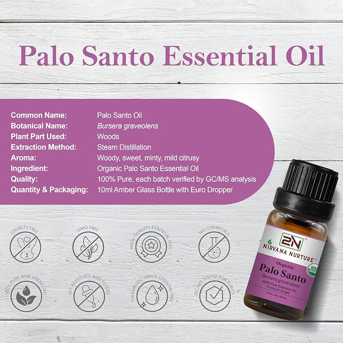Palo Santo Essential Oil, USDA Certified Organic, 100% Pure Undiluted, Aromatherapy Oil for Diffuser, Hair & Skin Care