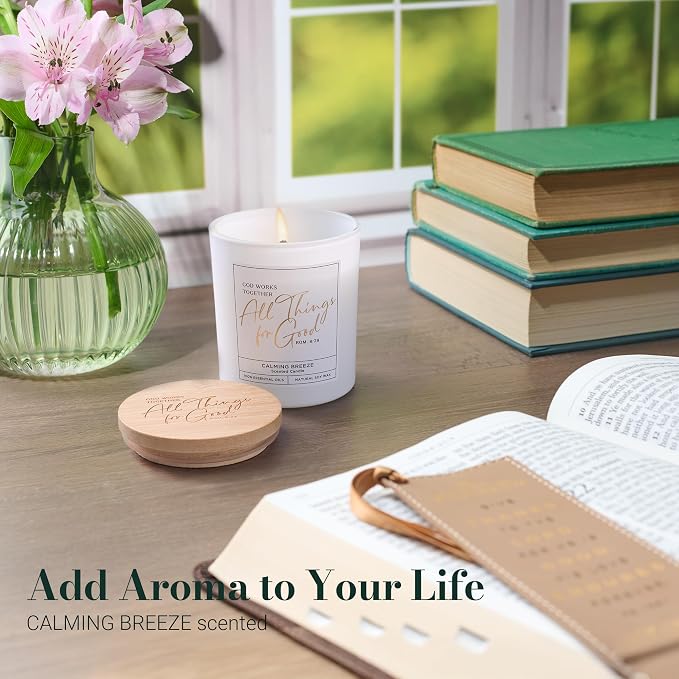 Christian Art Gifts Soy Wax Scented Candle: Romans 8:28 Bible Verse, Calming Breeze Scent, Pure Essential Oils, 4.5 oz, Up to 20 Hours Burn Time, Glass Jar w/Bamboo Lid, Encouragement Gift