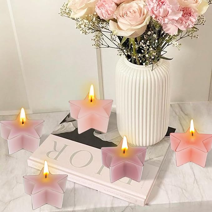 Tea Lights Gradation Pink Star Tea Candles Set of 12 – Tealight Candles with Rose Scent, Long Burning Handmade Tealights for Wedding Meditation Home Decor Gift