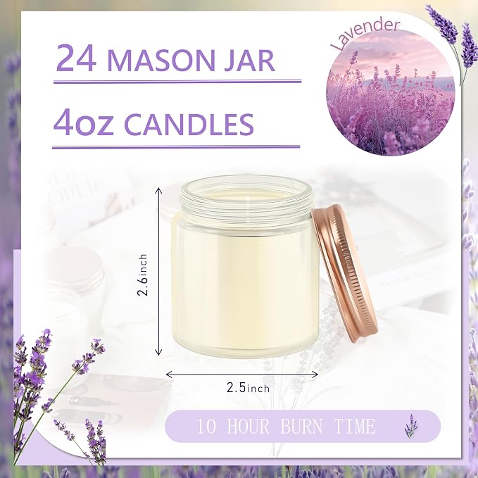 24 Pcs 4 Oz Mason Jar Candles, Lavender Scented Soy Candles Bulk Set for Stress Relief and Relaxation, Great Favors for Wedding, Christmas, Housewarming Gifts (Pink, Lavender, 24)