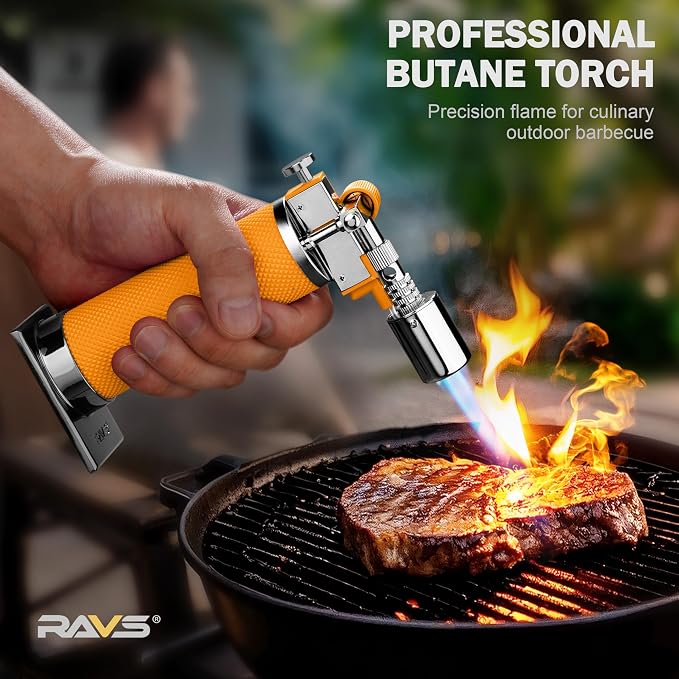 RAVS Butane Torch Lighter, Creme Brulee Torch with Adjustable Flame, Premium Metal Kitchen Torch for Baking, BBQ, DIY, Orange, Butane Gas Not Included