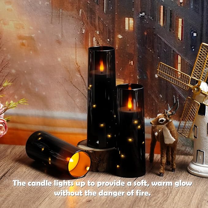 kakoya Flameless LED Candles with Timer 5 Pc Flickering Flameless Candles for Romantic Ambiance and Home Decoration Stable Acrylic Shell,with Embedded Star String,Battery Operated Candles（Black）