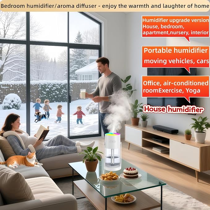 Bedroom LED Humidifier, SPA Essential Oil Diffuser, USB Car Aromatherapy Diffuser, with Auto-Shutoff, Rotatable Design, Quiet Operation, Easy Filling, and Eco-Friendly Cleaning