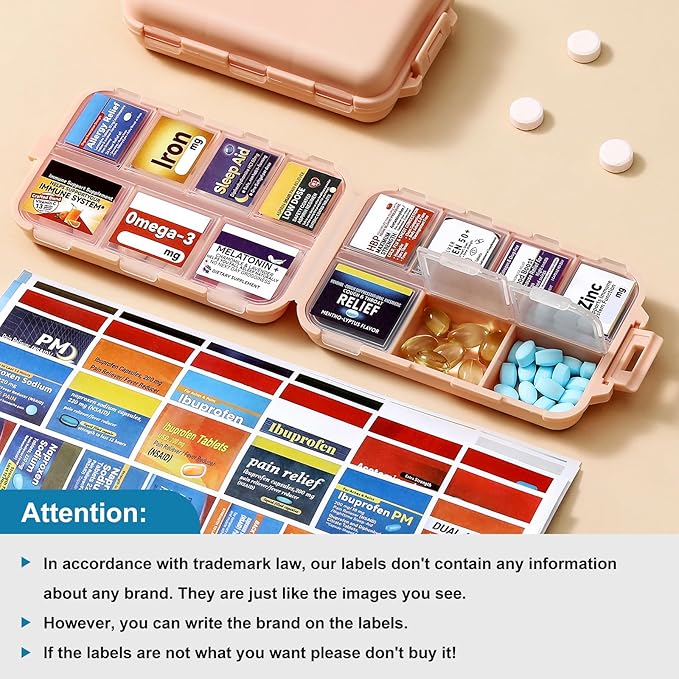 3 Pack 14 Grids Travel Pill Organizer Box with 415-Pcs Medicine Name Labels - Pocket Daily Pharmacy Case Container Kit - Travel Medication Holder Dispenser for Fish Oil Vitamin, Khaki+Pink+Sky Blue