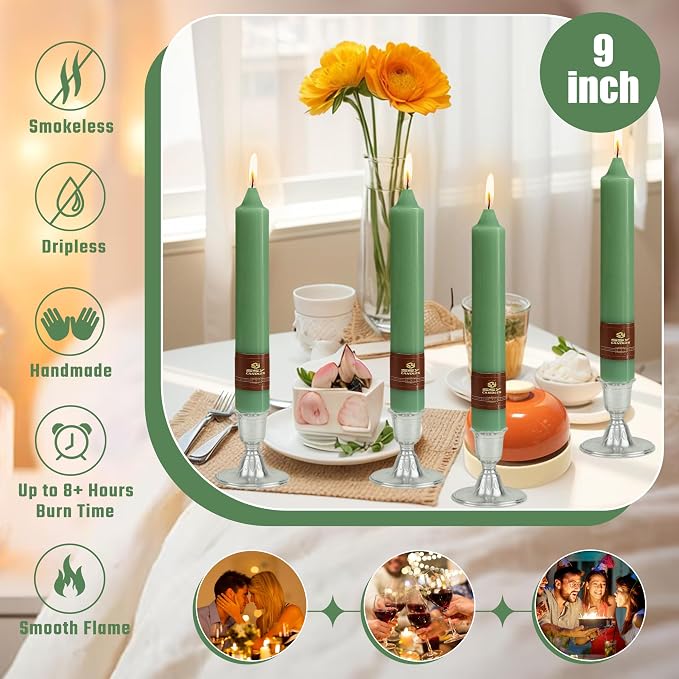 Sage Green Taper Candle 9 Inch Long Candlesticks Unscented Dripless Tapered Candle Set for Home Decor Wedding Party Dinner Candles, 4 Pack
