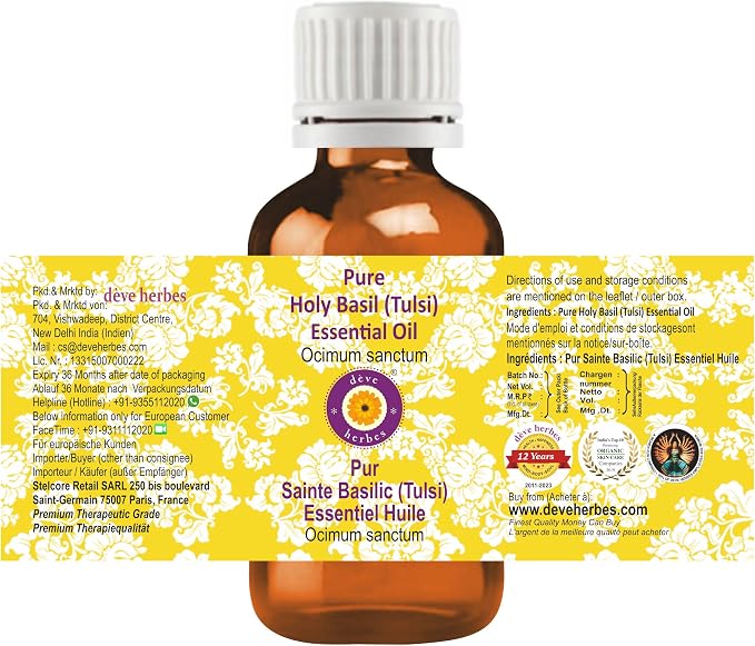 dève herbes Holy Basil (Tulsi) Essential Oil (Ocimum Sanctum) Pure | Non-Sticky | Non-Greasy | Lightweight | Men & Women | All Skin Types | Steam Distilled 10ml (0.33 oz)