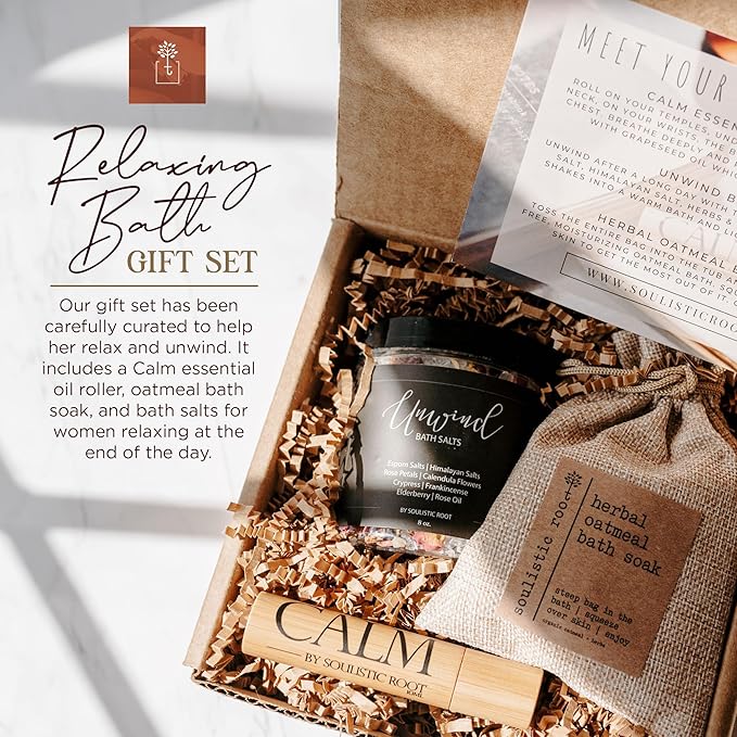 SOULISTIC ROOT Revitalizing Bath Gift - Premium Self-Care Bath & Body Set with Lavender Oatmeal Soak, Tranquil Essential Oil Roller, Epsom Salt Soak, Home Spa Kit, Ready-to-Gift Box