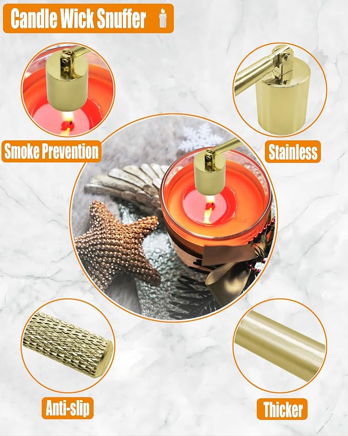 YOUTUOY 4 in1 Candle Accessory Set with Storage Tray Plate, Candle Wick Trimmer, Candle Wick Snuffer, Candle Wick Dipper, Great for Scented Candles Lovers (Gold)