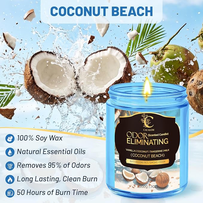Coconut Odor Eliminating Candles, Pet Scented Candles for Home, Single Wick Soy Candle Gifts for Women, Men, Ideal for Creating Relaxing Atmosphere, Over 50 Hours of Burn Time