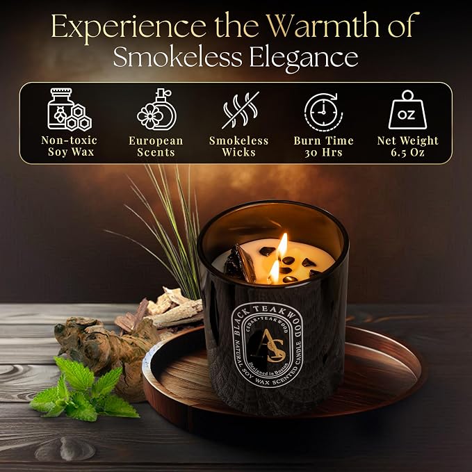 Scented Candle for Men with Luxurious Obsidian Bracelet, Teakwood for Home Scented, Hand-Poured Natural Soy Wax, Stress Relief Masculine Gift for Men, Dad, Boyrfriend, Powerful Manifestation Crystals