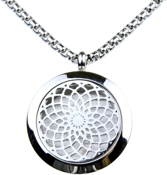 Wild Essentials Sun Mandala Essential Oil Diffuser Necklace, Stainless Steel Locket Pendant with 24 inch Chain, 12 Color Refill Pads, Customizable Color Changing Perfume Jewelry for Aromatherapy