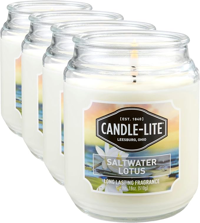 Candle-lite Scented Candles, Saltwater Lotus Fragrance, One 18 oz. Single-Wick Aromatherapy Candle with 110 Hours of Burn Time, White Color (Pack of 4)