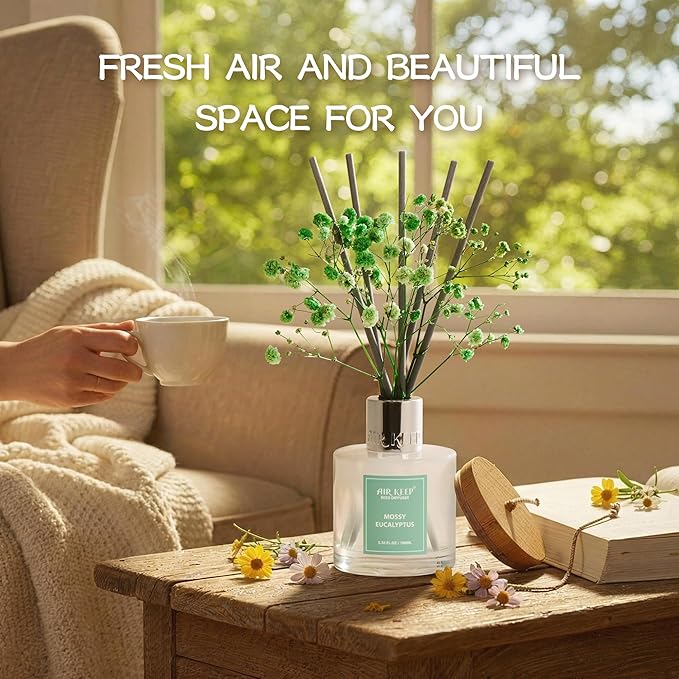 Airkeep Reed Diffuser Set,3.38 fl oz (100 ml) - Moss Eucalyptus Oil Diffusers with 8 Reed Sticks, Home Fragrance Reed Diffuser for Bathroom Shelf Decor