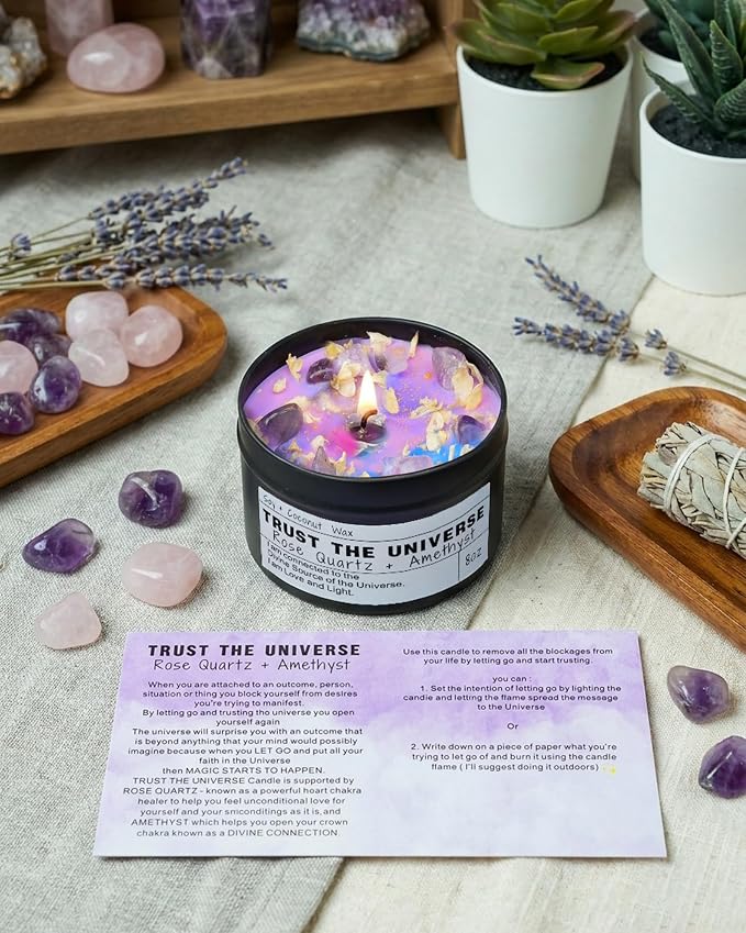 Trust the Universe Candle - Anxiety Relief, Self Care Gift, Meditation, Spiritual Gift, Crystal Candle, Opium Scent (8oz)