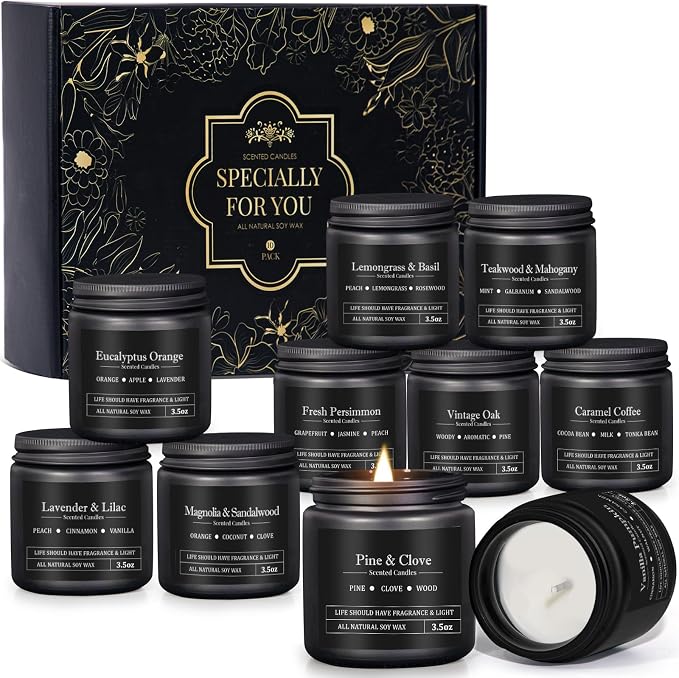 10 Pack Scented Candles for Men, Masculine Candle Gift Set with Woody & Fresh Scents, Soy Wax Aromatherapy Candles for Home, Gifts for Him, Boyfriend, Father's Day