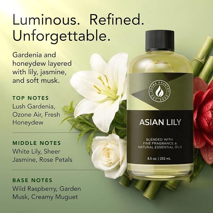 Aroma Country Asian Lily Diffuser Oil - Luxury Essential Oils for Diffuser Refill & Air Freshener Room Spray, Long-Lasting, Natural Home Fragrance and Hotel Scent for Diffusers & Machines (8.5 Fl Oz)