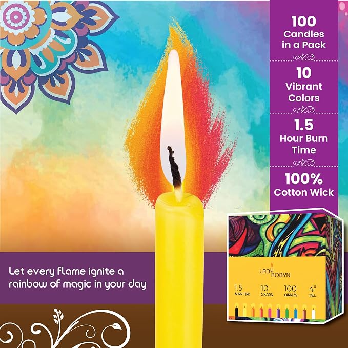 Candles 100 pcs Unscented Assorted Colors Taper Candle 4 Inch Tall x 1/2 Inch Diameter Great for Casting Chimes Rituals Spells Vigil Witchcraft Wiccan Supplies Wax Play (Multi)