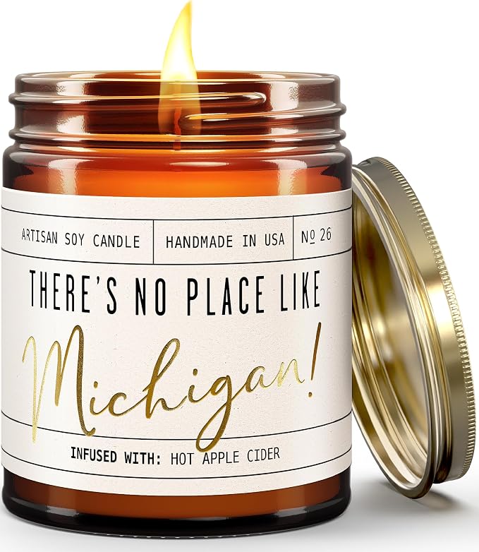 Michigan Gifts, Michigan Decor for Home - 'There's No Place Like Michigan Candle, w/Hot Apple Cider I Michigan Souvenirs I Michigan State Gifts I 9oz Jar, 50Hr Burn, USA Made