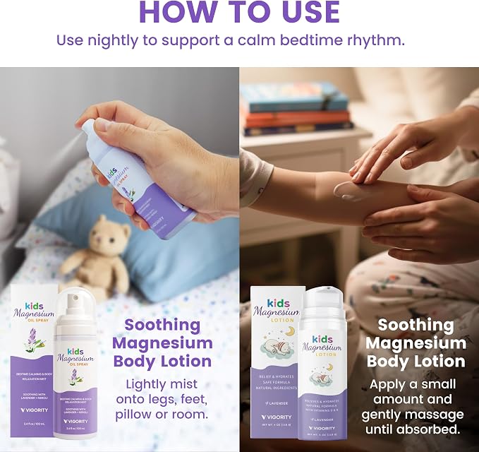 Kids Magnesium Lotion & Magnesium Sleep Spray Set - Calming Lavender Magnesium Oil Spray for Kids Bedtime + Soothing Body Lotion for Nighttime Legs & Feet Comfort, Aromatherapy Lavender & Neroli