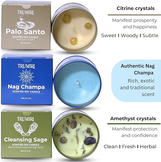 Cleansing Sage, Palo Santo, Nag Champa - Soy Candles Non Toxic - Highly Scented Long Lasting with Essential Oils - Variety Pack of 3 x 5oz - for Home Aromatherapy Meditation Gift Travel