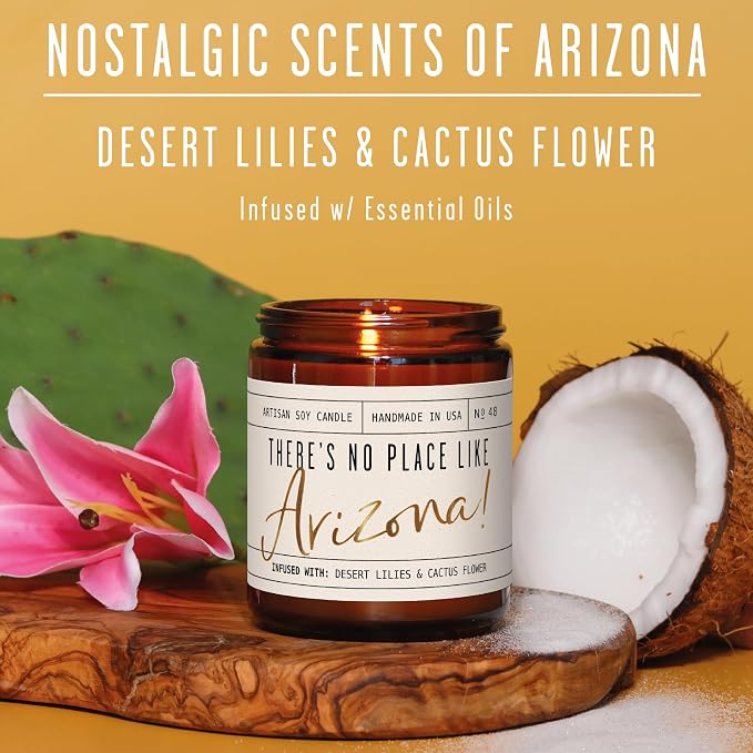 Arizona Gifts, Arizona Decor for Home - 'There's No Place Like Arizona Candle, w/Desert Lilies & Cactus Flower I Arizona Souvenirs I Arizona State Gifts I 9oz Jar, 50Hr Burn, USA Made