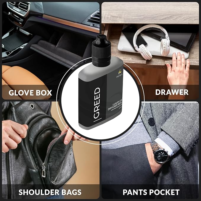 Greed Diffuser Refill 50ml Bottle | Strong Car Freshener with Car Odour Eliminator Technology | Long Lasting Automotive Car Air Freshener by Perfa