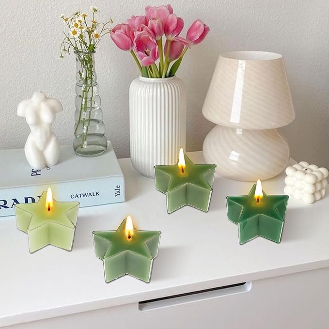 Tea Lights Gradation Green Star Tea Candles Set of 12 – Tealight Candles with Cedar Scent, Long Burning Handmade Tealights for Wedding Meditation Home Decor Gift