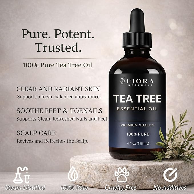 Fiora Naturals Tea Tree Oil 4 Fl Oz – 100% Pure Tea Tree Essential Oil for Skin, Face, Hair & Scalp Care, Nails & Toenails, Aromatherapy & Diffuser Use - Melaleuca Alternifolia