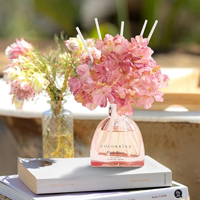 COCORRÍNA Reed Diffuser - Pink Rose 8.5 Fl.oz Reed Diffuser with 8 Sticks for Home Bathroom Shelf Decor (Simple Luxe Collection)