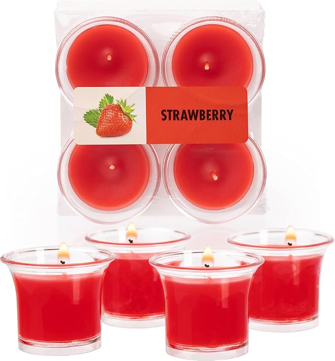 HYOOLA Clear Cup Scented Votive Candles - Strawberry - 12 Hour Burn Time - 4 Pack - European Made