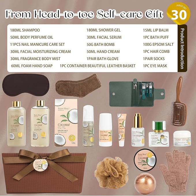 30 Pcs Bath and Body Gift Basket Set for Women & Men, TEA TREE COCONUT Face Skin Care Kit, Self-Care Gift, Pamper Kit, Foam Hand Soap, Nail Manicure Care Set, Birthday, Christmas, Mother, Husband