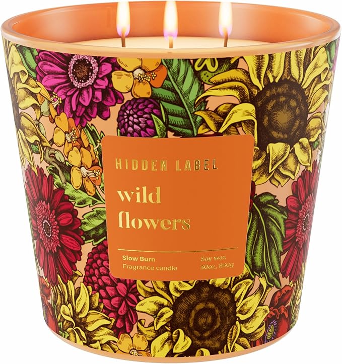 Hidden Label Wild Flowers Soy Candle, 30oz 3-Wick, 100H Botanical Floral | Non-Toxic Vegan Phthalate-Free | Peony Jasmine Fresh Greens Scent | Even Melt No Tunneling | Statement Decor Gift for Women
