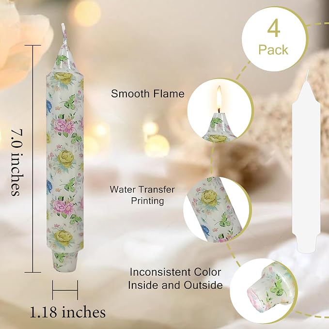 7 inch Short Candle Floral Candle Sticks Printed Candlestick Handmade Unscented Taper Candle 4 pcs Blue Flower Tapered Candles for Home Dinner Wedding Holiday