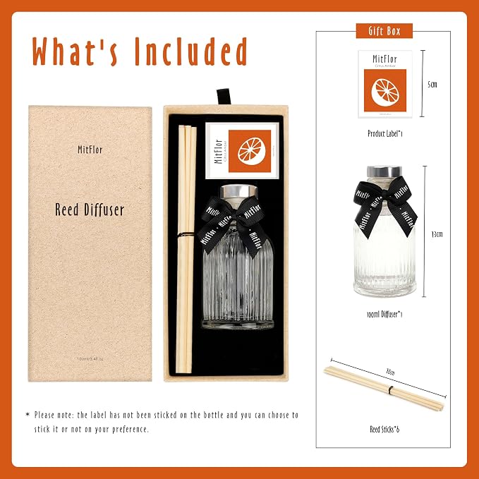 Reed Diffuser Set, MitFlor Citrus Amber Hotel Collection Diffuser 3.4 fl oz, Long-Lasting Fragrance Home & Bathroom Decor, Aromatherapy Diffuser Oil Gift Set