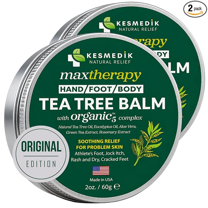 KESMEDIK Tea Tree Oil Balm for Skin, Soothes Itching, Rashes & Dry Skin, Antifungal Defense for Athlete’s Foot, Jock Itch, Chafing, Bug Bites & Eczema, Natural, Effective & Safe for All Ages, 2-Pack