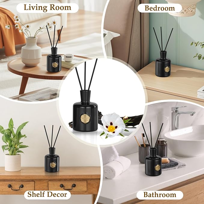 XEPTLE Amber Reed Diffuser for Home, Air Freshener, Woody Scent Diffuser with 5 Reeds for Bedroom Living Room Bathroom Décor, Orange Plum Rose with Honey Amber Vanilla & Sandalwood, 7.04oz, Black