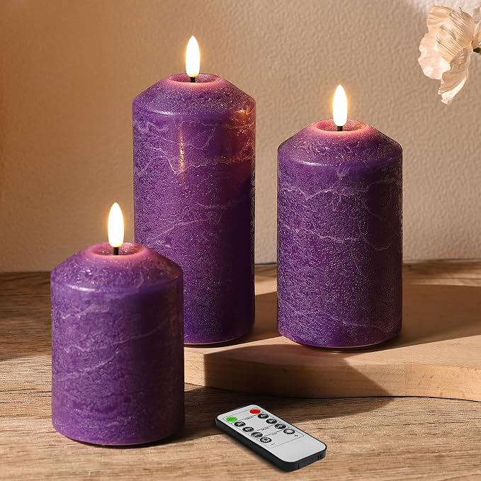 Purple Flameless Pillar Candles with Remote, Real Wax Christmas LED Candles Battery Powered Flickering Set of 3