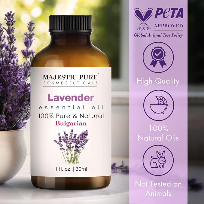 Majestic Pure Essential Oil with Glass Dropper - 100% Pure and Natural - Essential Oils for Diffuser, Aromatherapy, Soap and Candle Making, Lavender Essential Oil, Lavender Oil, 1 Fl Oz