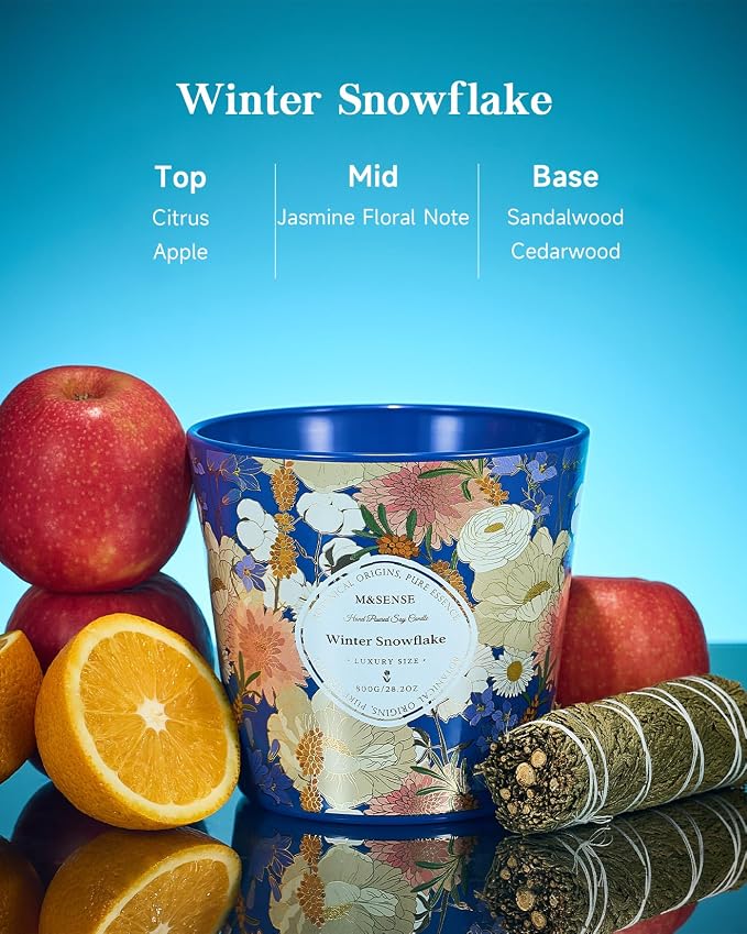 M&SENSE Winter Snow Flake Scented Candle, 28.2oz 3 Wick Natural Soy Wax Large Candles, Long Lasting Clean Slow Burning No Toxic Décor for Home Relaxation, Romantic Dates & Gift-Giving