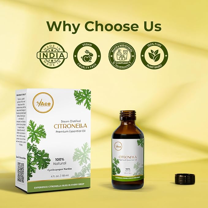 My ACE Citronella Essential Oil 4 Fl Oz - Pure & Natural - Premium Grade for Aromatherapy, Diffuser, Skin, Hair, Massage, Candle & Soap Making, Home - Glass Bottle with Dropper - Long Lasting Scent