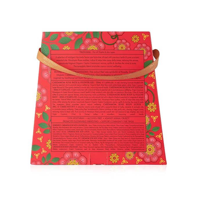 Spa Ceylon Ayurveda Cardamom Rose Discovery Set – 4-Piece Natural Uplifting Spa Gift Set with Himalayan Rose & Organic Ceylon Cardamom - Bath Gel, Body Lotion, Pillow Mist & Scrub
