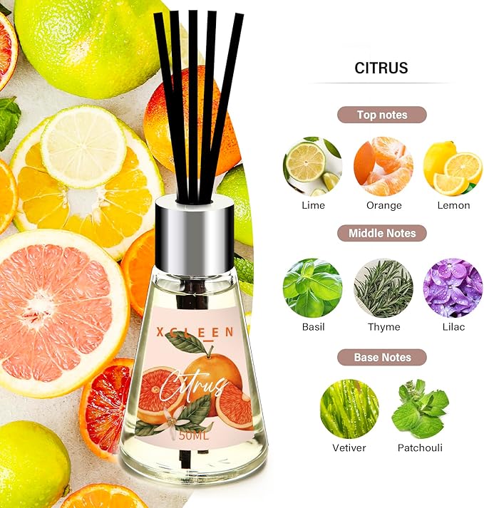 Xcleen Reed Diffuser of 3 Pack, Escape/Citrus/Sandalwood, Scented Diffuser with 15 Fiber Sticks, Home Fragrance Oil Diffuser, Air Freshener for Bathroom & Bedroom, Each 1.7Fl Oz, Total 5.1Oz