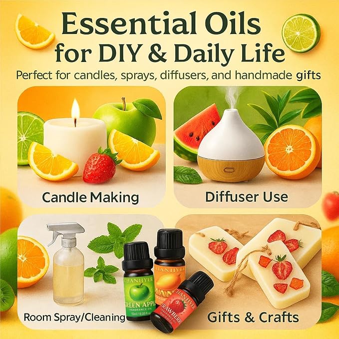Fruity Essential Oils Set-6x10ml-Green Apple,Watermelon,Strawberry,Pineapple,Blood Orange,Mango,Sweet Aromatherapy Oils for Diffuser,Humidifier,Candle&Soap Making