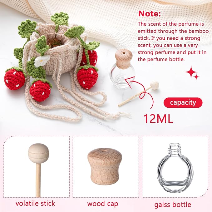 DaisyInner Cute Crochet Plant Car Freshener 12ml Empty Refillable Diffuser Bottle with Plants Hanging Accessories for Ornaments Charms Rearview Mirror Home Office Decor Women Gifts(Strawberry)