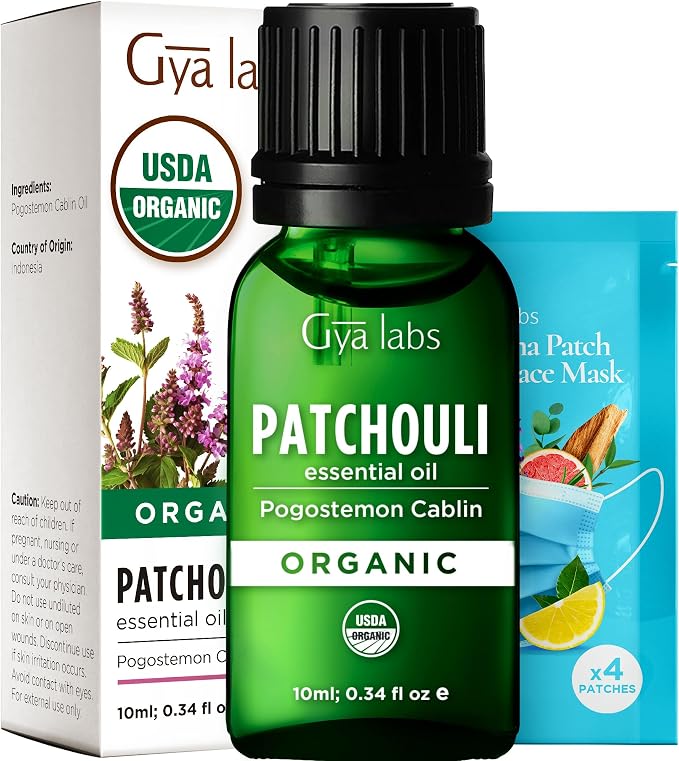Gya Labs USDA Certified Organic Patchouli Essential Oil for Skin, Hair, Diffuser, Aromatherapy, DIY Candle Making Scents - 0.34 Fl Oz
