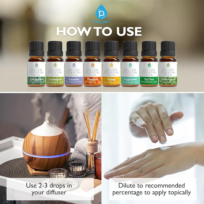 Pursonic Essential Oils Set - 8 Aromatherapy Oils Blends Gift Set - 10ml Pure Essential Oils for Diffusers, Home, Massage & Bath(Eucalyptus,Lavender,Lemongrass,Orange,Peppermint,Tea Tree,Wintergreen)