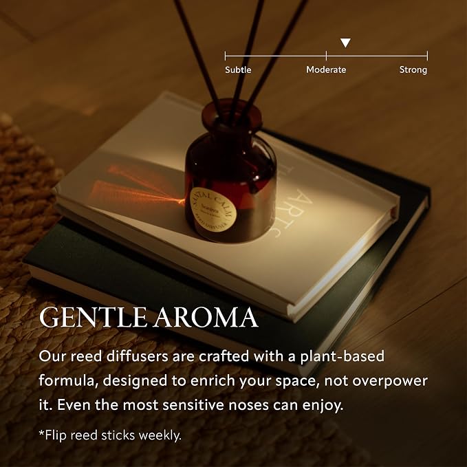 Soréva Luxury Reed Diffuser Set, Calm Sandalwood Cedar Musk, Plant-Based Essential Oils, 120 Days Mindful Aromatherapy Home Fragrance, Bedroom & Office, Gift Set, 7 Sticks, 4.39 fl oz