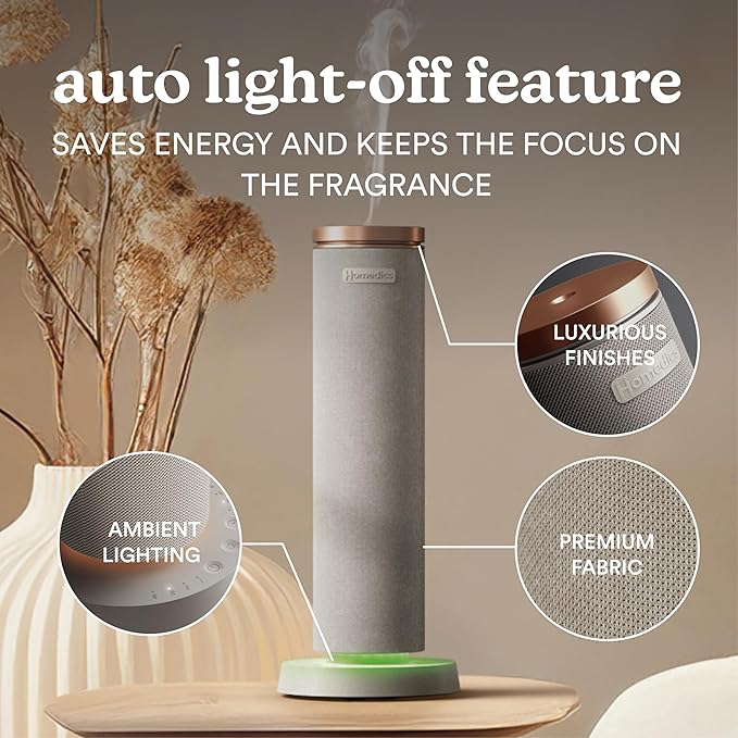 Homedics SereneScent Waterless Essential Oil Diffuser, Cordless Rechargeable Aromatherapy Diffuser for Home, Large Room Scent Machine, Timer, App Control, 6 LED Lights, No Water Needed, Grey